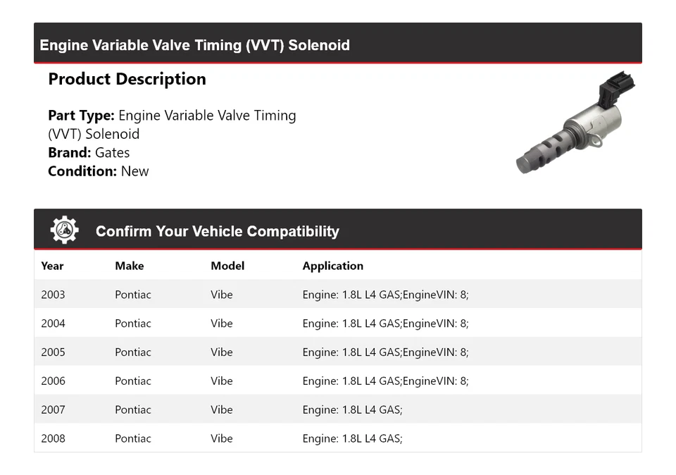 Puertas solenoides VVT para Pontiac Vibe 2003-2008 motor de 1,8 L L L4 2004 2005 2006 Foto 2 de 4