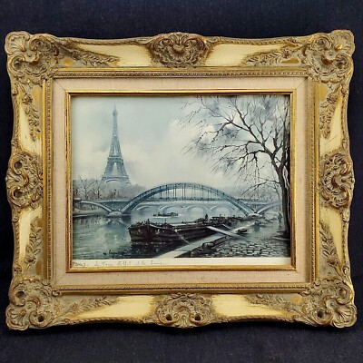 Vintage Hollywood Regency Frame w/Print Art Paris View of Seine/Eiffel Tower 