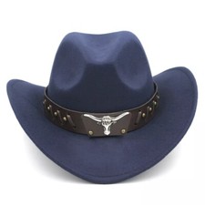 Navy, Blue Western Cowboy Cowgirl Hat for Men Women Black Bull Strap Retro Fel