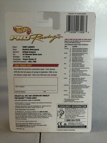 Team Hot Wheels Pro Racing Kellogg’s #5 Terry Labonte Car W/Card 1997 - Picture 3 of 3