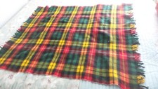 Vintage WOOL BLANKET THROW Plaid, Fringed, Stadium, Lap, Grn,Orng,Ylw, 50"x43"