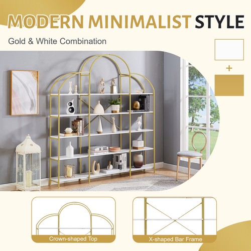 5 Tiers Arched Bookcase 74" Tall Office Open Bookshelf Storage Rack w/Round Top - Picture 5 of 8