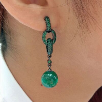 Natural Green Malachite Green Cz Pave Loop Stud Earrings