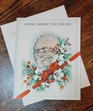 VTG 1950s "Merry Christmas Dear Wife" Greeting Card w/env Glitter Die Cut SWEET!