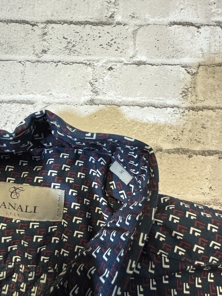 Canali Hombre S Pequeña Azul Patrón Geométrico Slim Fit Abotonada Camisa Informal Usada en Excelente Condición Foto 3 de 4
