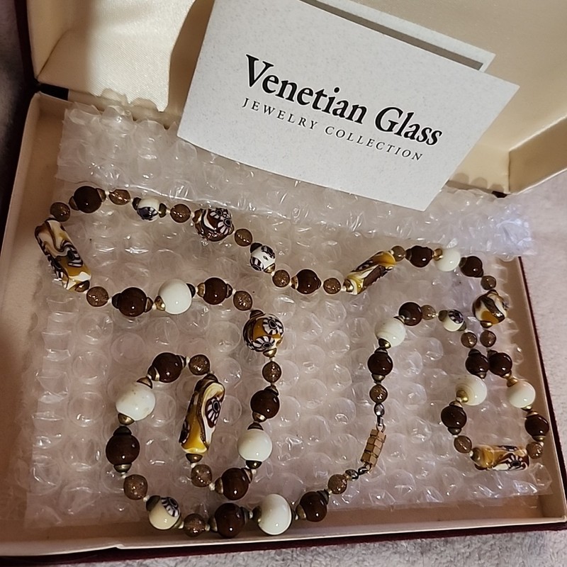 IBB Vintage Venetian Glass Necklace Brown Blue Gold Glass Beads