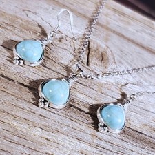 Tribal Style Teardrop Turquoise Stone Silver Chain Necklace Earrings Jewelry Set