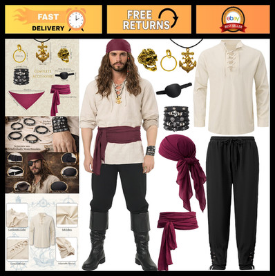 9PCS Men's Pirate Costume Set - Renaissance Medieval Outfit for Halloween Party,