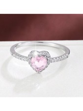Silver Pink Heart Ring With Cubic Zirconia Women Size 5 To 11