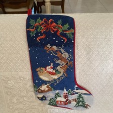 Vintage Wool Embroidered Stocking Santa Reindeer