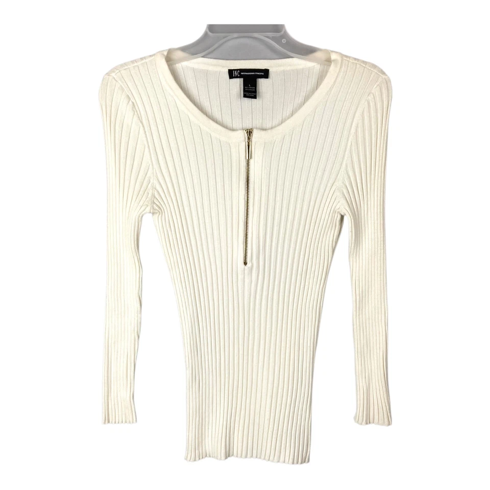 Suéter feminino INC International Concepts 1/2 zíper malha com nervuras rayon branco G - Imagem 2 de 4