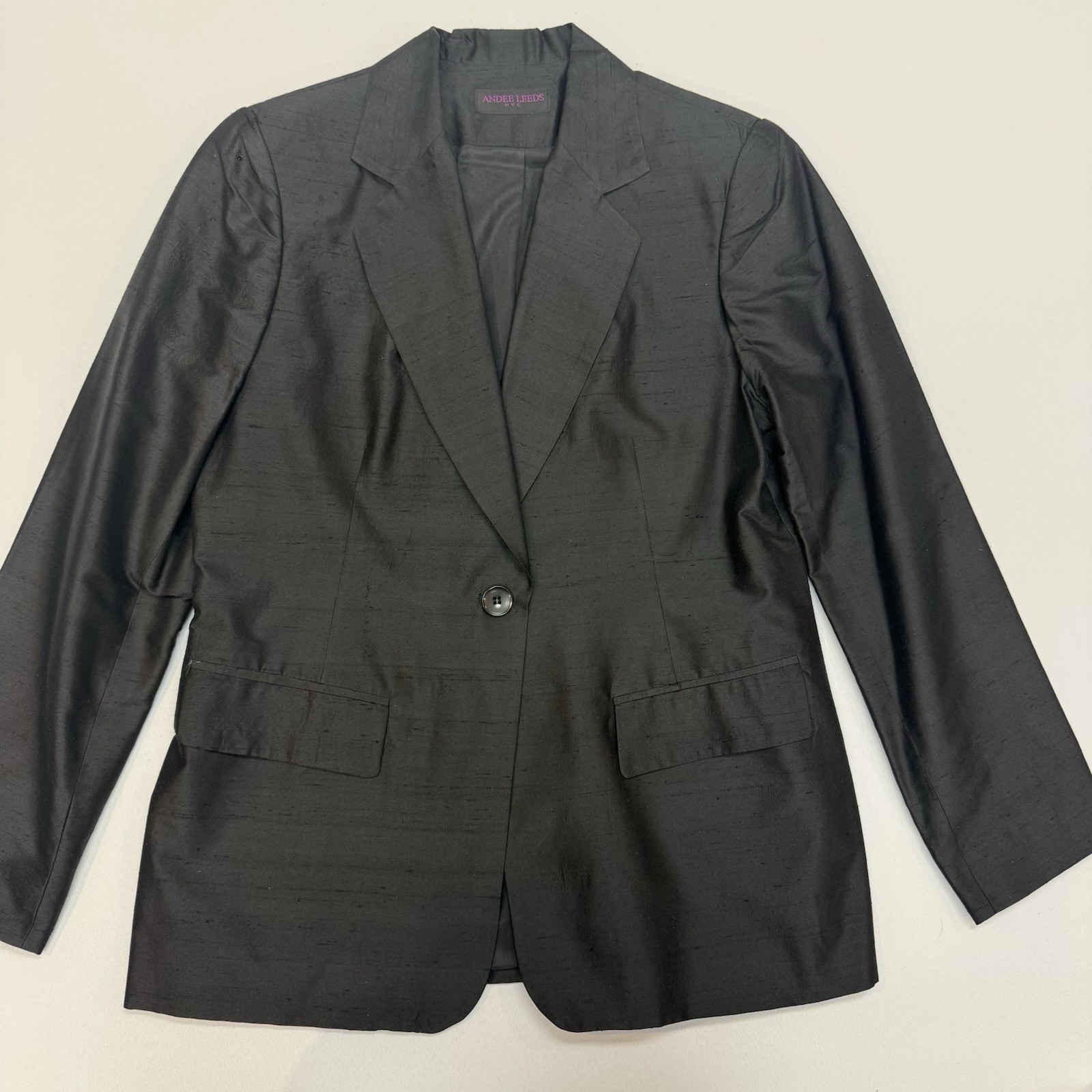 Blazer Sport Coat Womens 10P 100% Silk Black One Button Lined Andee Leeds EUC-image