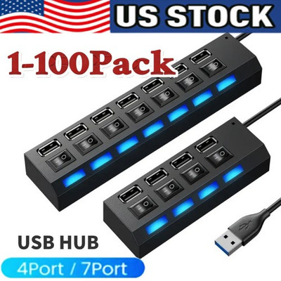 USB Hub 7 Port On/Off Switch High Speed Splitter AC Adapter Cable PC Laptop Lot