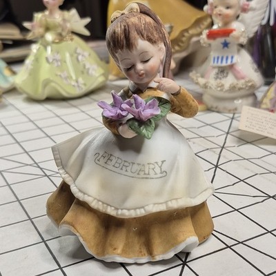 Vintage Lefton China Hand Painted Porcelain February Girl Pony Tails Violets 