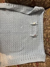 Hand Crochet Baby Blanket Pram Or Carseat Cover Soft Boy Blue Lamb Buttons 33x25