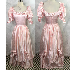 Vtg 80s Pink Satin Prom Dress Puffy Sleeve Ruffle Princesscore Coquette Gown XS