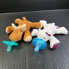 WubbaNub Plush Pacifier Set Moose and Polar Bear Brown White Plaid 2 Pack