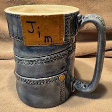 Vintage 1976 Ceramic Blue Jean Jim Coffee Mug Cup Kitsch Man Cave Pen Holder