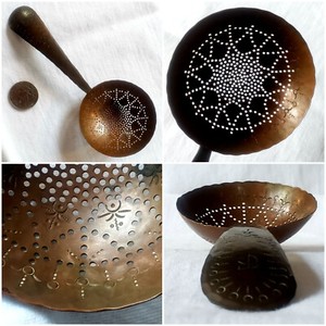 German Arts & Crafts Copper Sieve Spoon, Sifter, Handmade, Signed EK or KE: 6" L