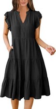 Womens Summer Boho Sundress V Neck Ruffle Sleeve Flowy Tiered Midi Dress Casual