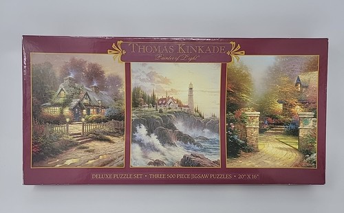 Vintage 1998 Thomas Kinkade Deluxe Puzzle Set drei 500 Teile 20 Zoll x 16