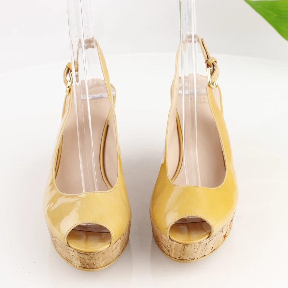 Sandalia de jean Stuart Weitzman para mujer talla 7,5 charol desnudo corcho cuña tacón plataforma Foto 2 de 4