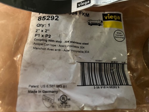 Viega Propress Coupling w Stop Stainless Steel 304 2" x 2" P1 x P2 85292 - Picture 2 of 6