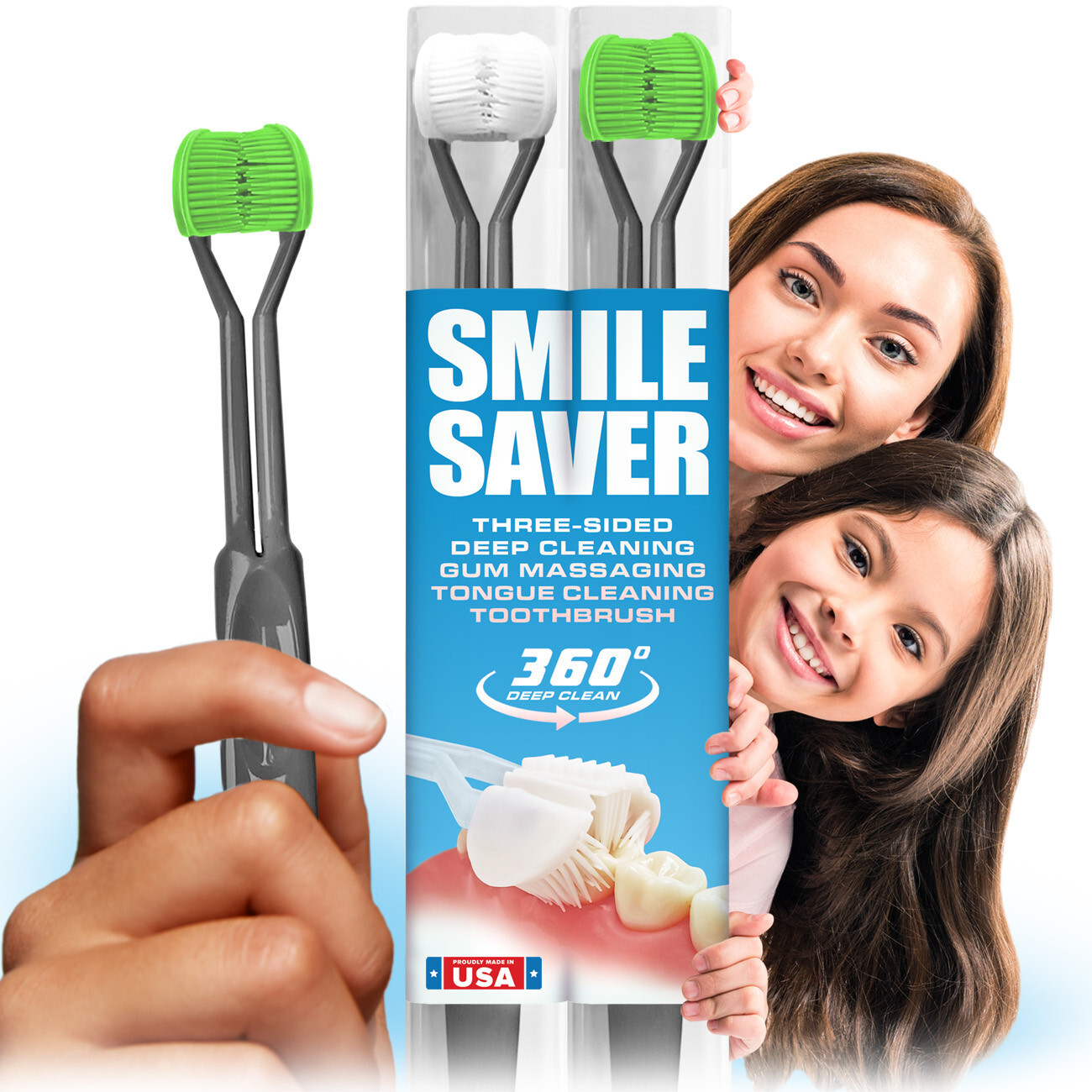SMILE SAVER 360 3-Sided Toothbrush ~2PK 360 Deep Clean + Gum