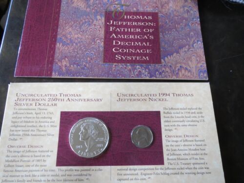 1993 Thomas Jefferson Coinage & Currency Set Sealed Silver Dollar& $2 Bill~BOX9