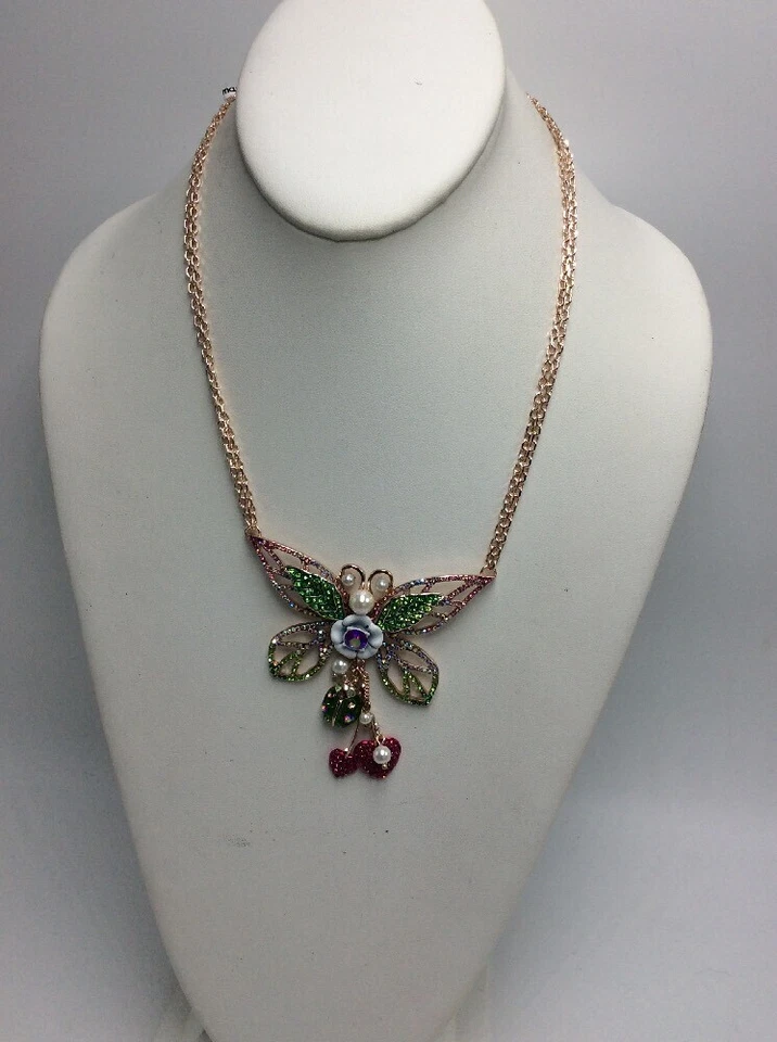 $75  Betsey Johnson Fruity Petals Crystal Accent Butterfly Necklace #549 - Image 4 of 4