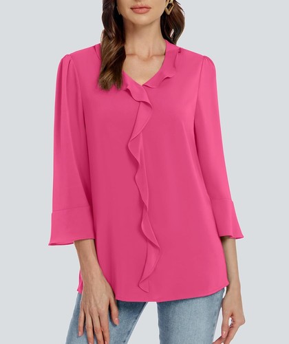 Womens Tops V Neck Dressy Casual Blouses 3/4 Length Sleeve Work Business Shirts - Picture 50 of 71