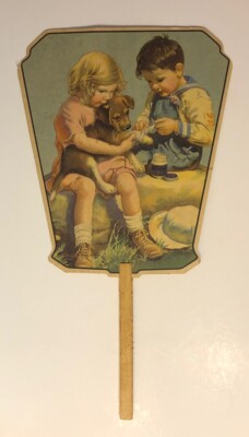 Vtg. Advertising Cardboard Fan Snyder s Beauty Salon My. Joy PA Girl Boy Pup B53