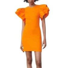 NWT Zara Mini Dress Women's Size Small Orange Ruffled Short Sleeve Round Neck
