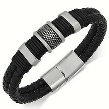 Men's Stainless Steel Clasp Black Leather Braided Bangles 2 Pcs Bracelet Set
