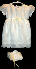 Vintage Girls Christening Party Dress w Bonnet Ivory Satin Ribbons Dainty 9-12m