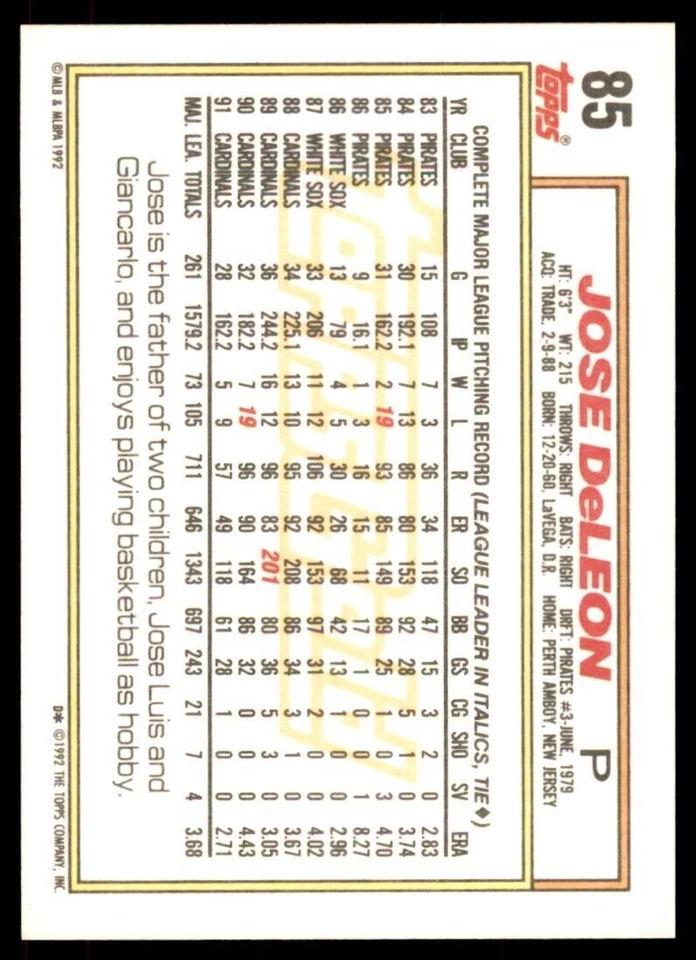 1992 Topps Gold Winners Jose DeLeon St. Louis Cardinals #85 - Image 2 of 2