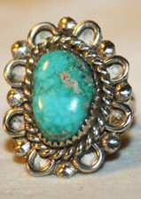 STERLING SILVER NATURAL BLUE TURQUOISE ROPE TRIM SCROLL RING SIZE 6.5, 9 GRAMS
