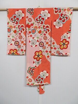 0702i08z400 Vintage Japanese Kimono Silk Girl's Coral pink Plum blossom |  eBay