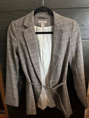 H&M Womens Blazer Open Front w/Belt Gray/Black/White Plaid Fully Lined Sz  0/32