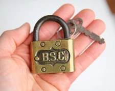 Vintage BSC Brass padlock steel shackle w/ key Antique lock tool box chest trunk