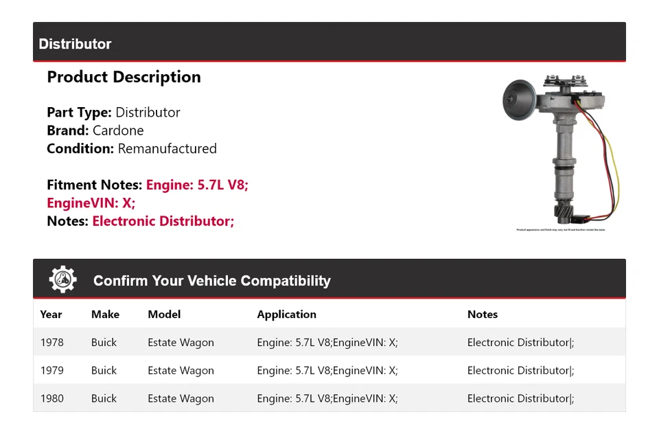 For 1978-1980 Buick Estate Wagon 5.7L V8 Distributor Cardone 1979 - Image 2 of 4