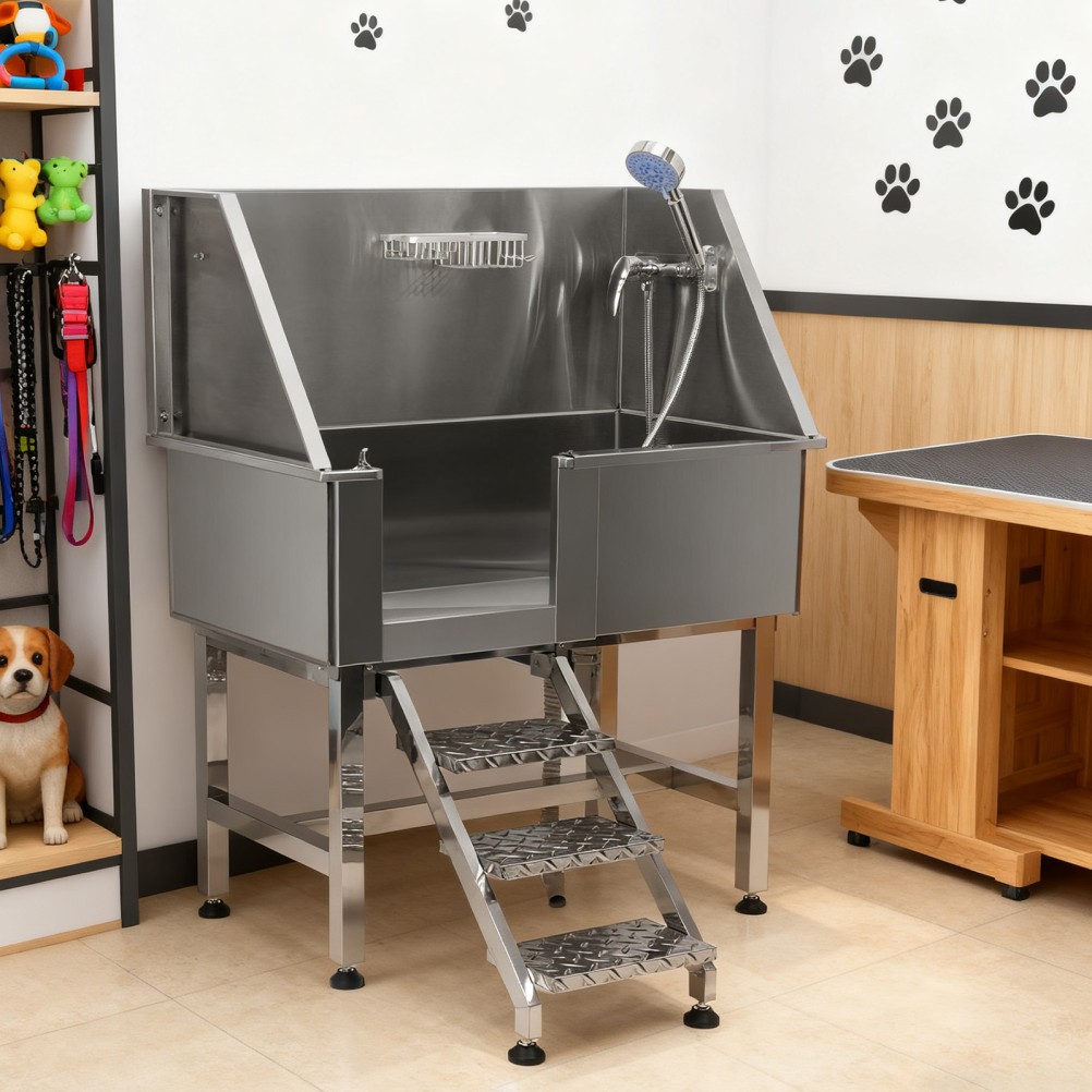 TOYANDONA  38" Stainless Steel Pet Grooming Tub Dog Bath Station & Stair Faucet