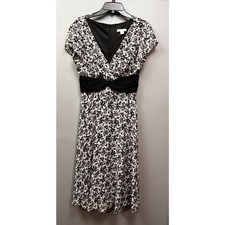 Dressbarn Dress Womens 10 Black White Floral Empire Waist V-Neck Midi Cap Sleeve