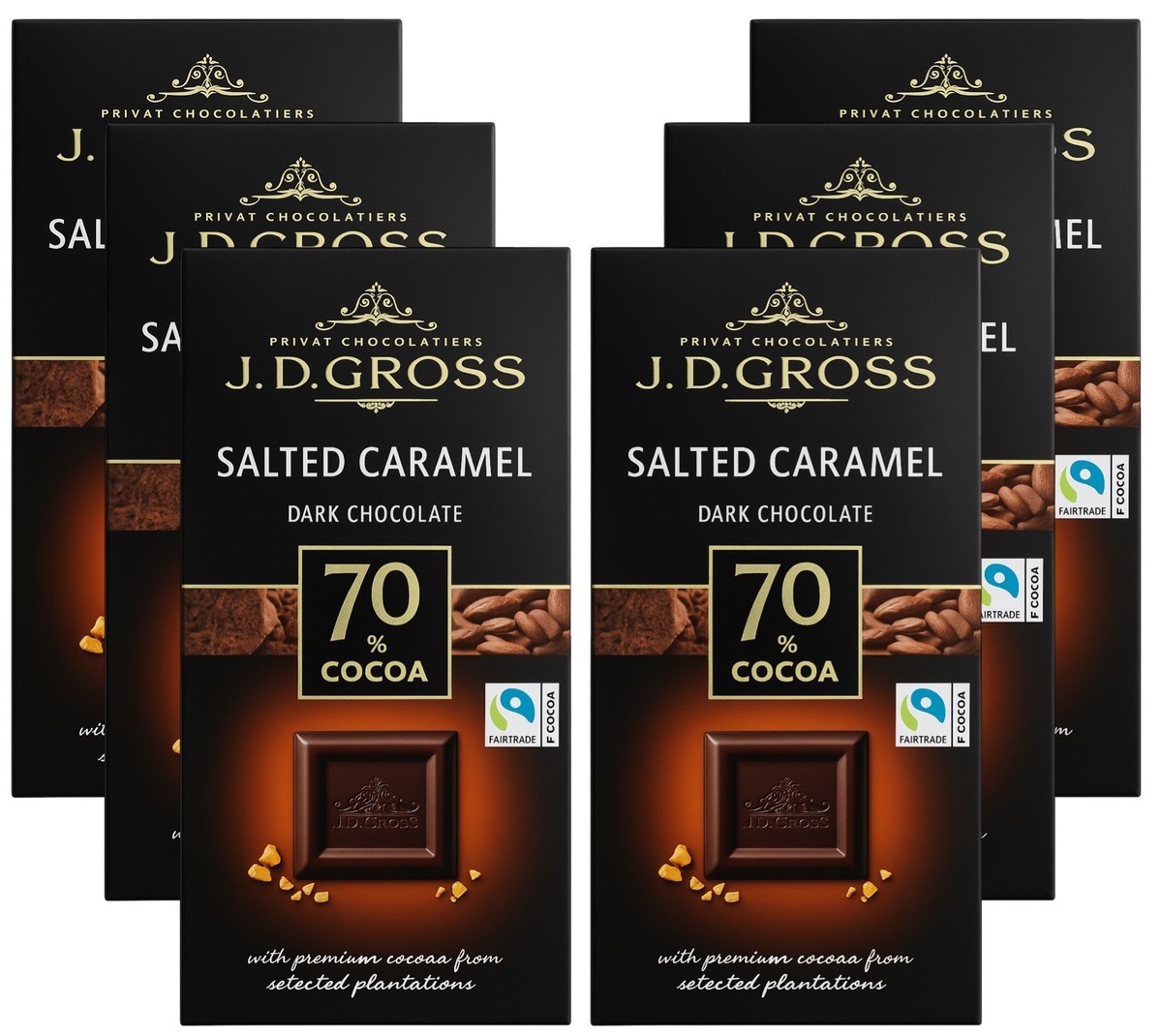 6 x J.D. Gross Salted Caramel Dark Chocolate 70% Fairtrade Cocoa