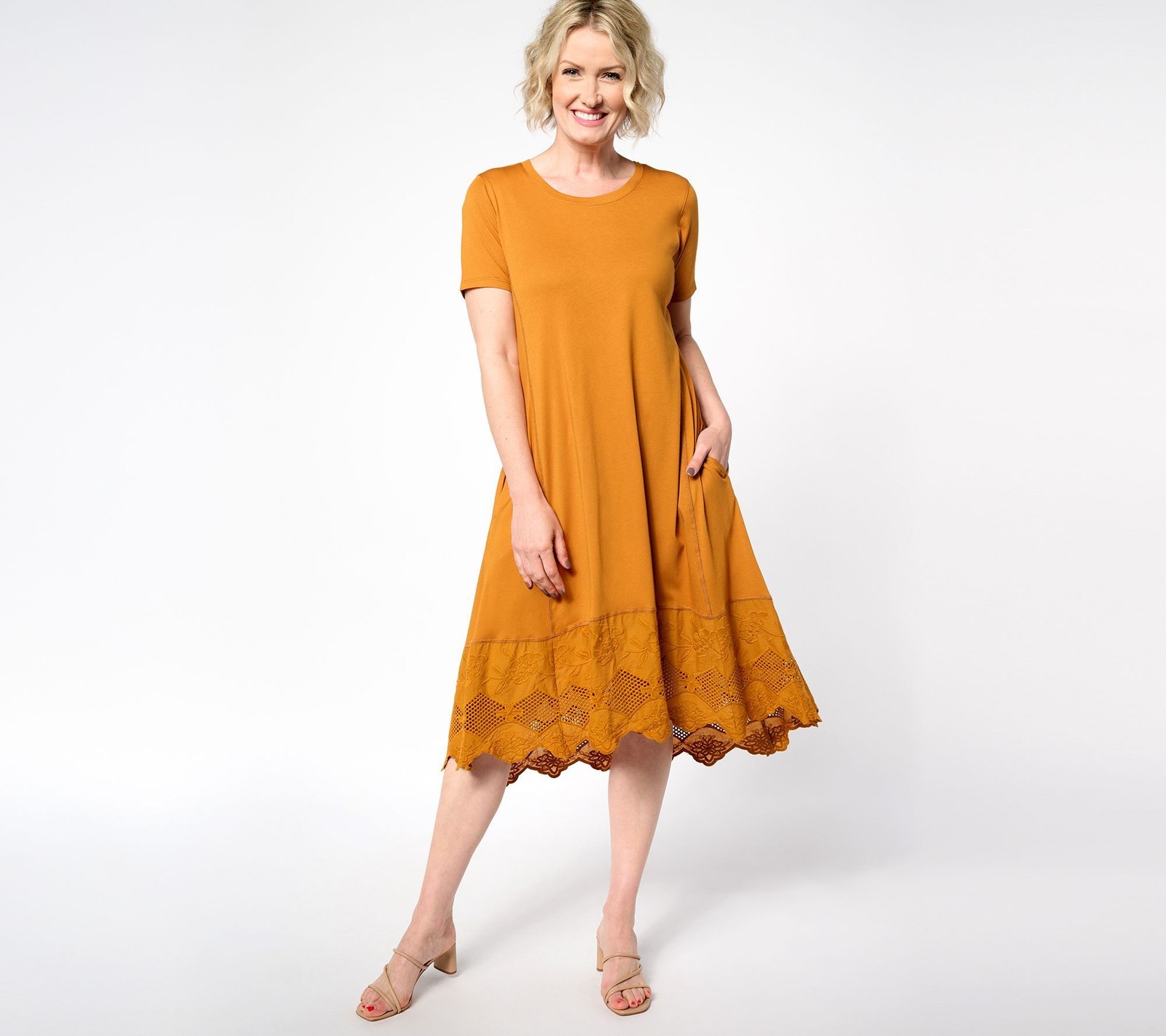 LOGO by Lori Goldstein Women's Dress Sz S Regular Knit with Lace Yellow A648215