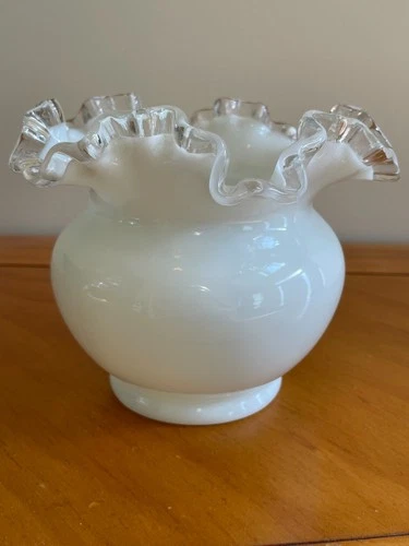 Vintage Fenton 1940-69 Large Milk Glass White Silver Crest Ruffled Bowl