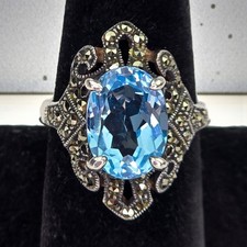 Vintage 925 Sterling Silver Ring Blue Topaz Marcasite Statement Ring Size 9.5