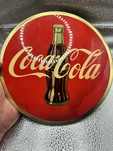 Vintage  Coca-Cola 9" Celluloid Button Sign With Hard To Find GOLD Trim.