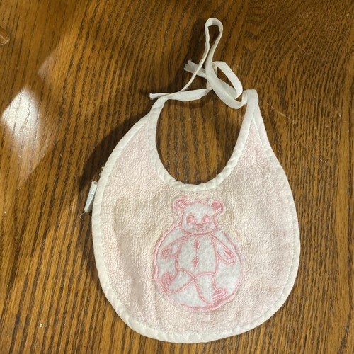 Vintage Embroidered Baby Bib Pink Teddy Bear With Squeaker Alexis