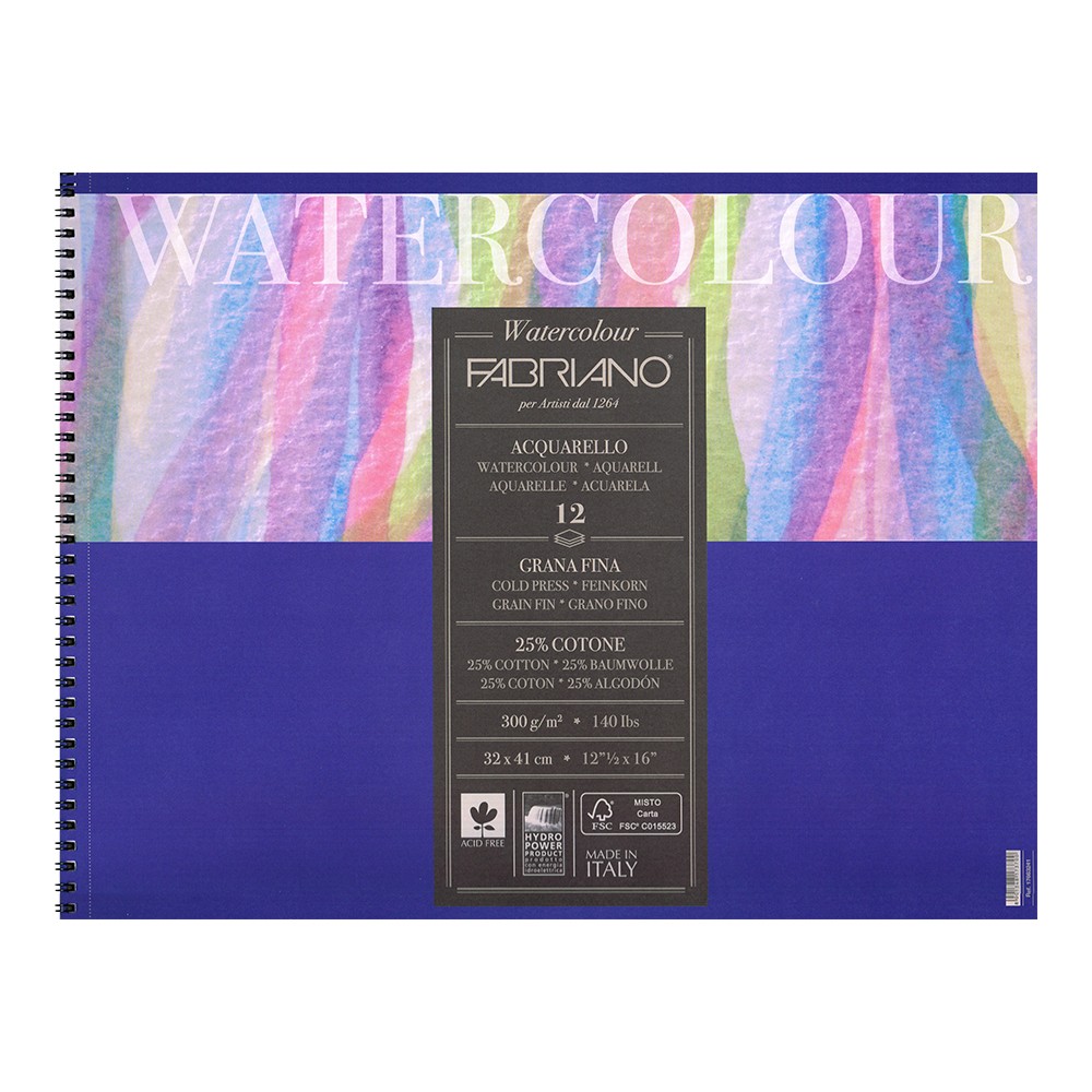 Fabriano : Watercolour : Spiral Pad : 12x16in (Apx.30x41cm) : 300gsm : 12 She...